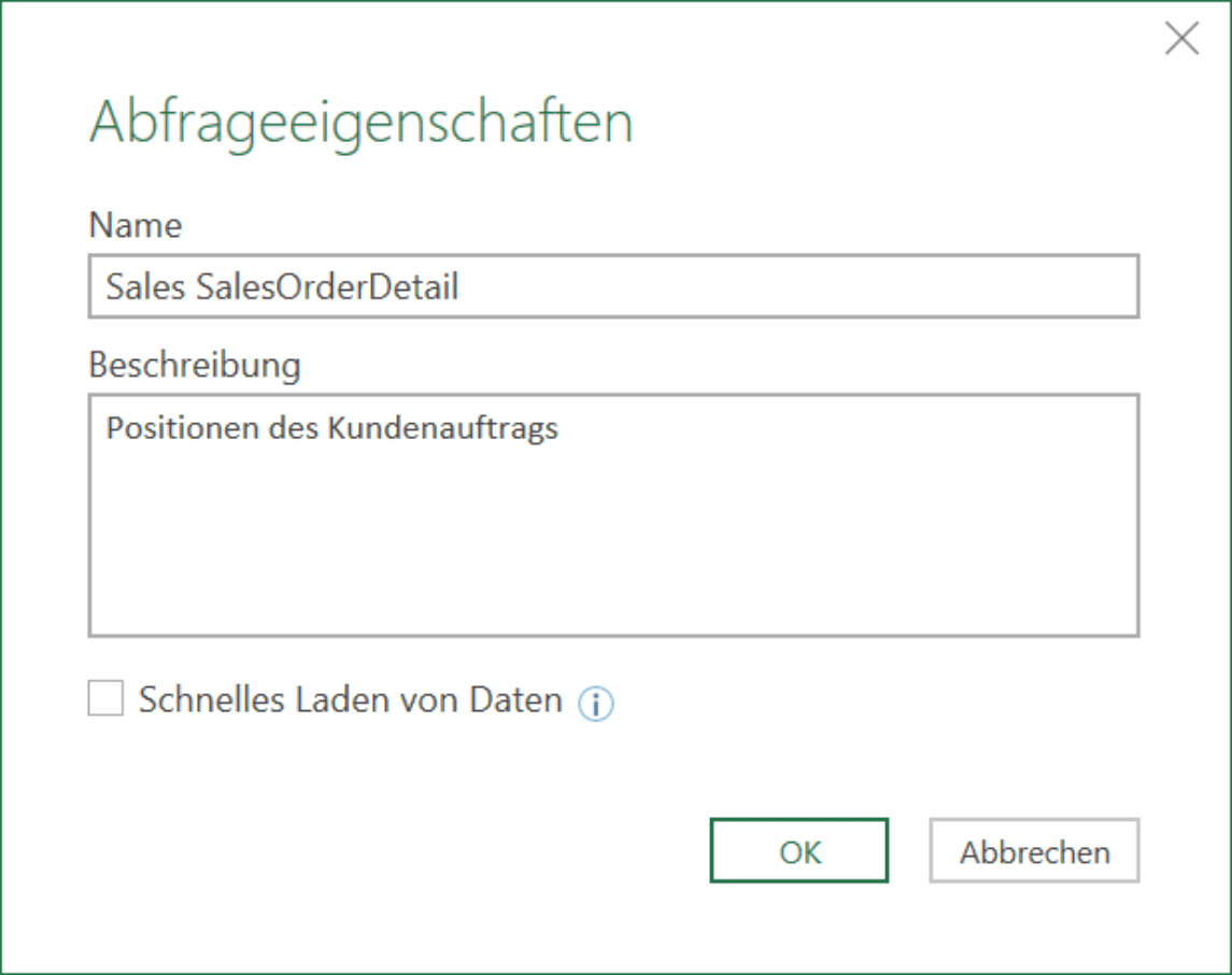 Eigenschaften-Dialog von Power Query Abfragen