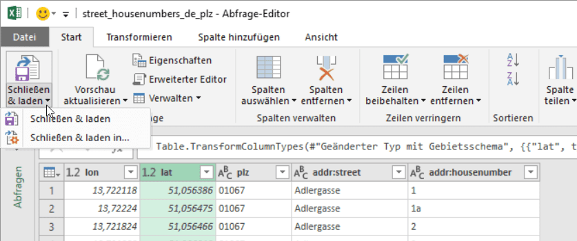 Power Query: Schließen und Laden In