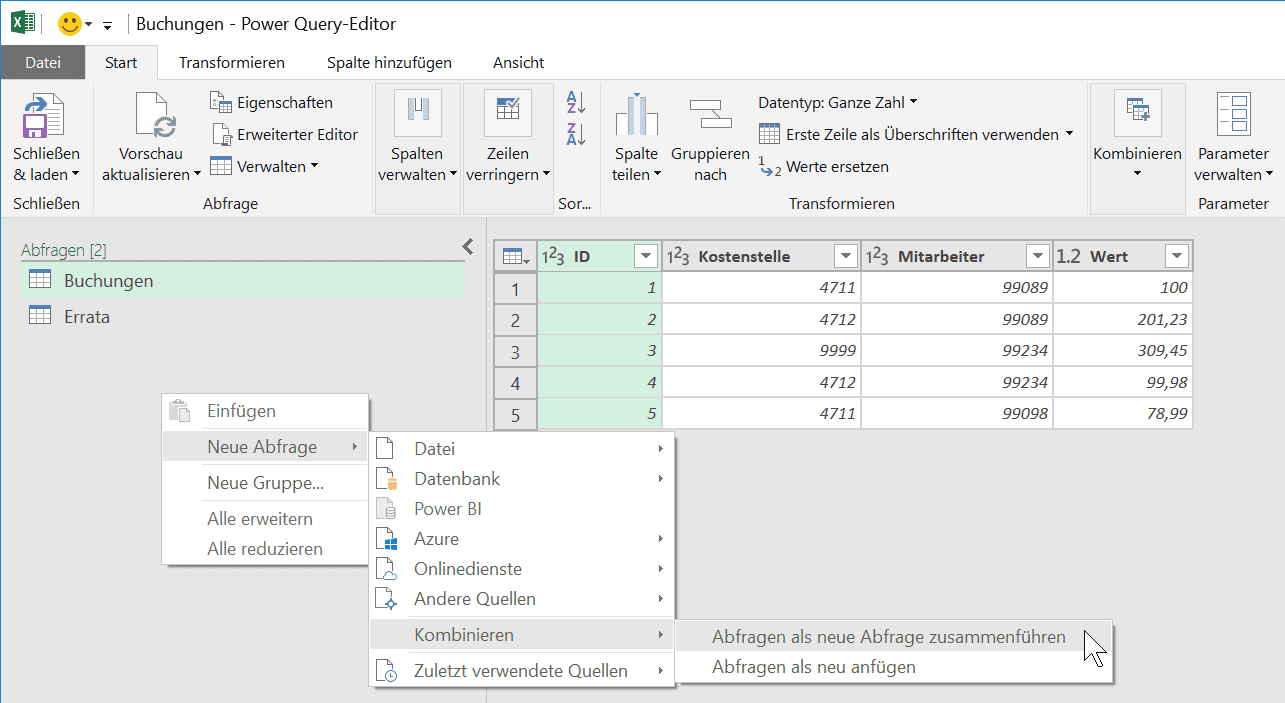 Kombinationsabfrage in Power Query erstellen