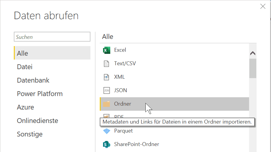 Neue Abfrage vom Typ Ordner in Power Query wählen