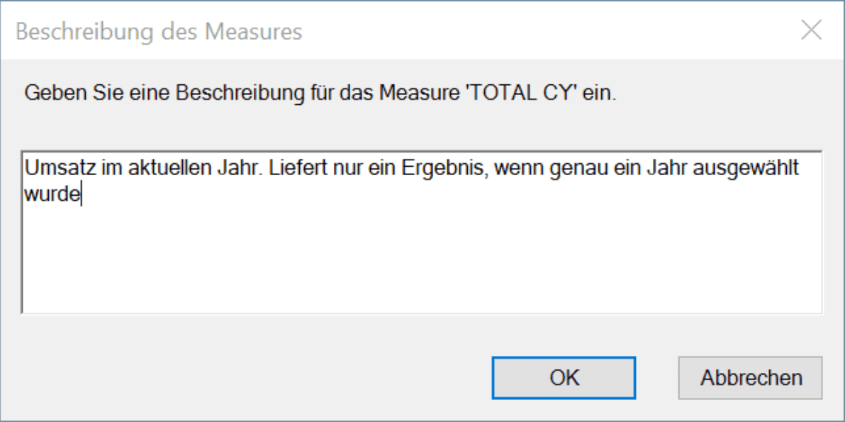 Beschreibungs Dialog von Measures in Excel Power Pivot