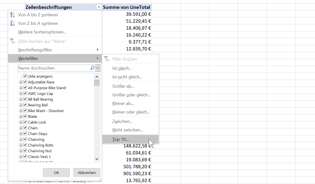 Top 10 Produkte mit Excel Power Pivot