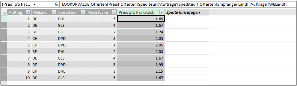 LookupValue für Frachtkosten