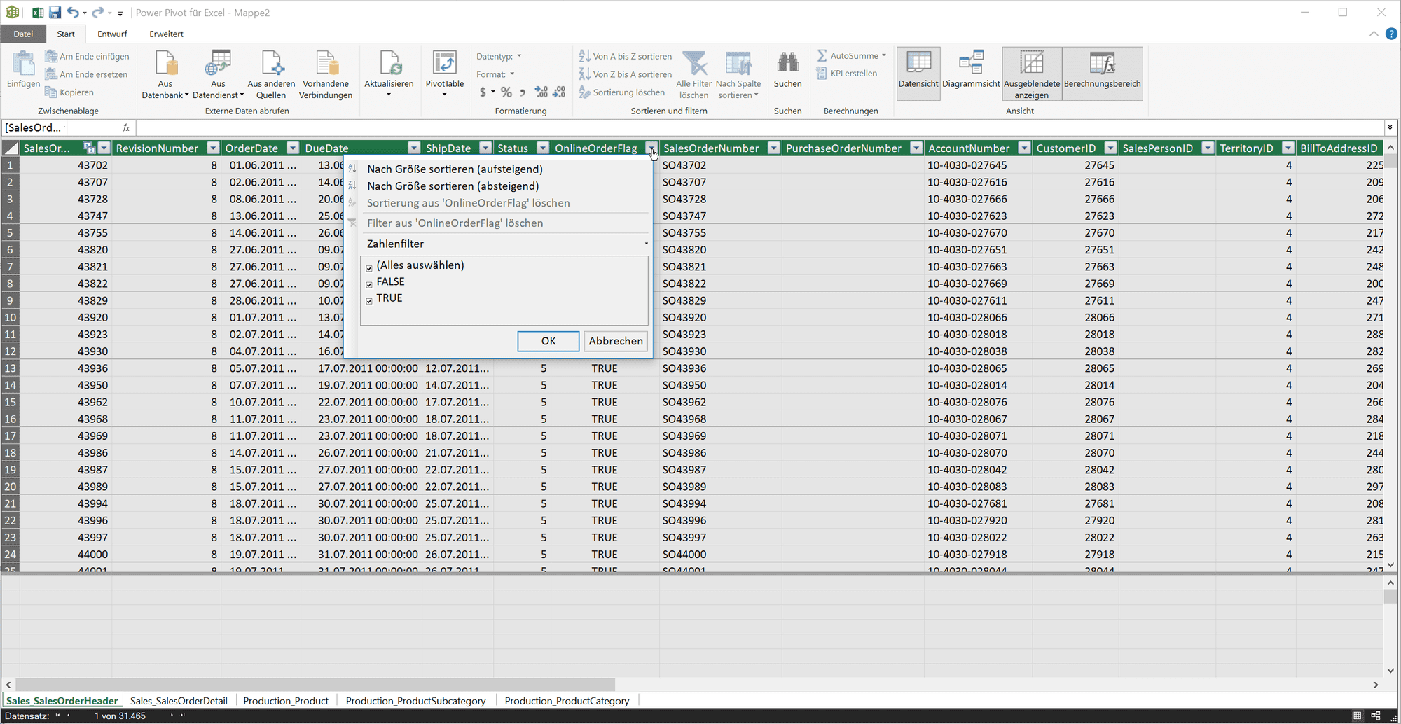Datenansicht und Schnellfilter im Excel Power Pivot Datenmodell