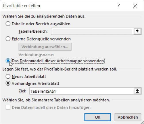 Excel Dialog für neue Pivot Tabellen