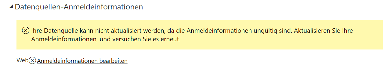 Power BI Warnung wegen fehlender Anmeldedaten