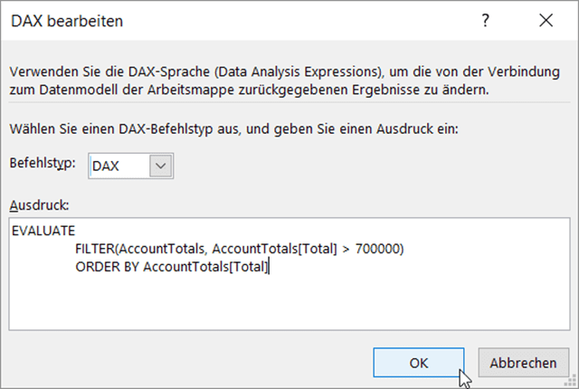 DAX in Excel Tabelle bearbeiten um die Daten aus dem Datenmodell zu exportieren
