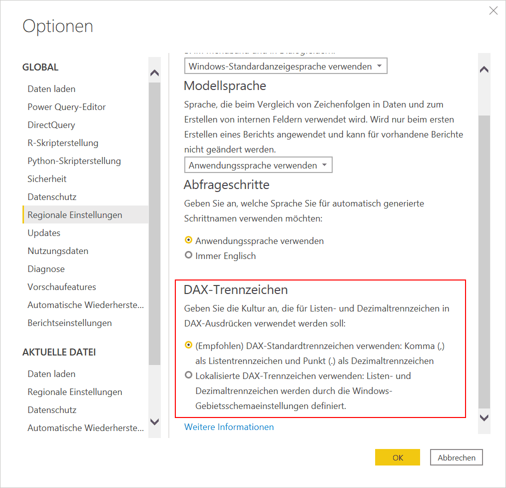 Power BI Optionen: DAX-Trennzeichen