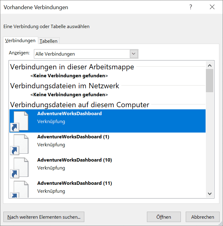 Excel Dialog Vorhandene Verbindungen