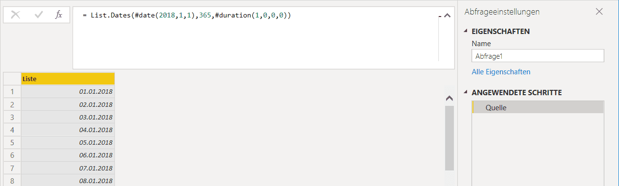 Power Query Liste mit Datumsinformationen