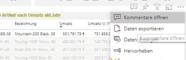Kommentarleiste öffnen über ein Visual im Power BI Service