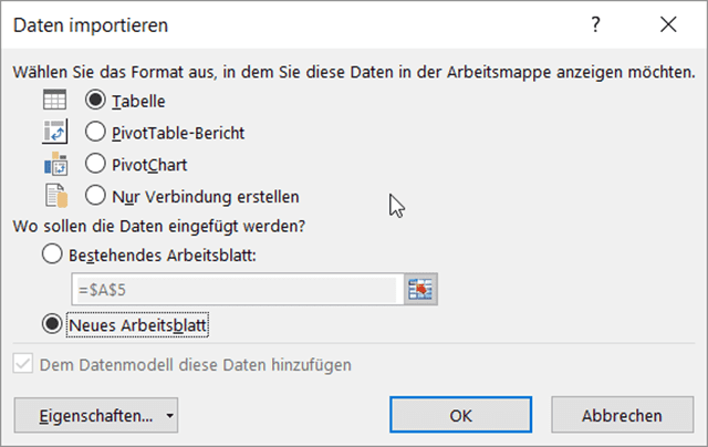 Ziel für den Datenimport festlegen