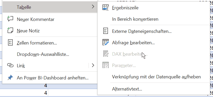 Excel Kontextmenü auf einer Tabelle