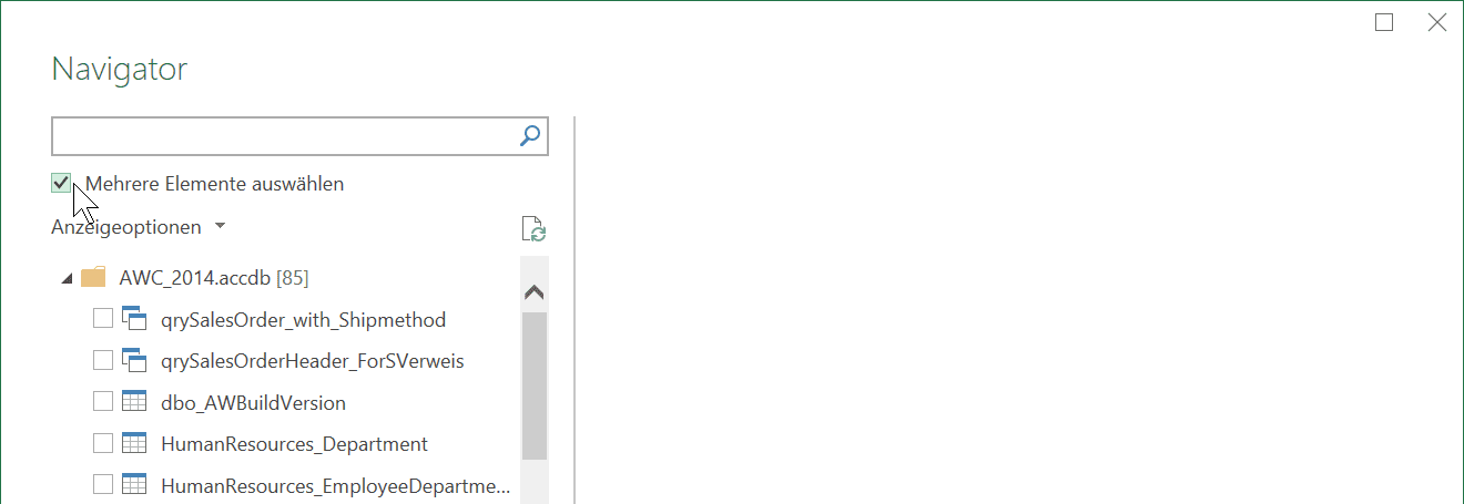 Power Query Navigator zur Tabellenauswahl