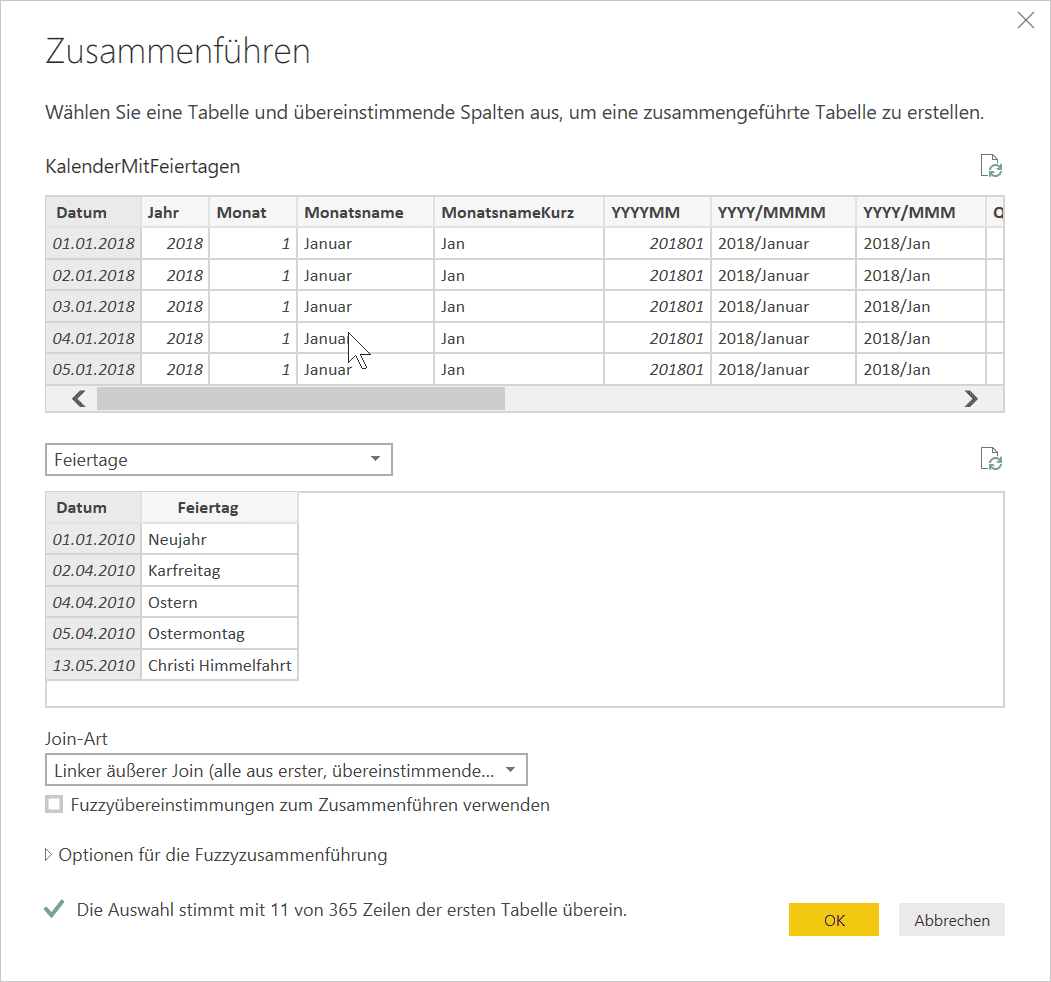 Power Query Dialog Abfragen zusammenführen