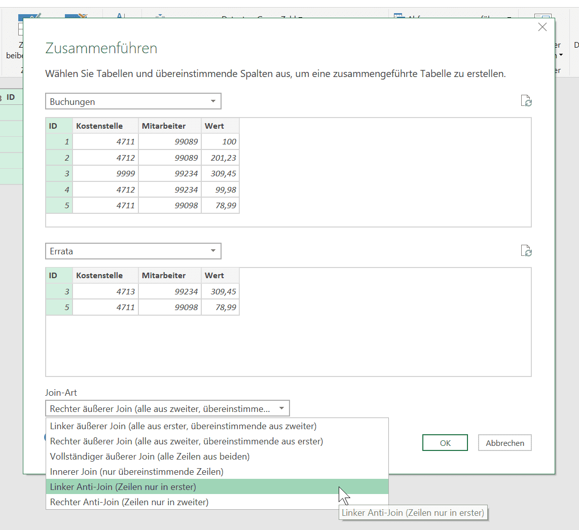 Dialog der Kombinationsbfrage mit Auswahl der Join Strategie