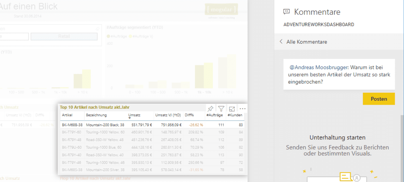 Kommentar mit Erwähnung im Power BI Service