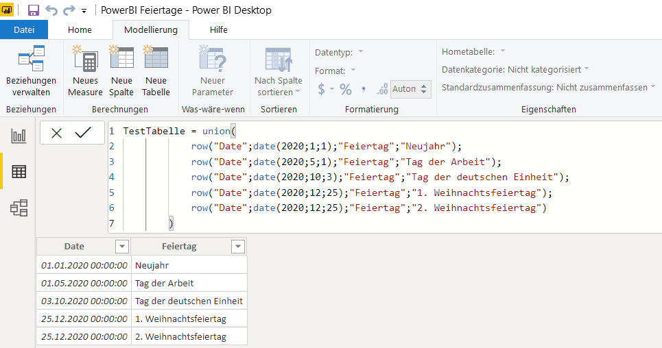 Power BI Ergebnis von UNION() in einer Tabelle