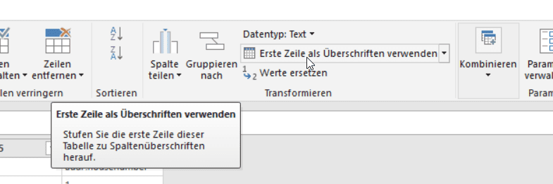 Power Query Transformation: Erste Zeile als Überschriften verwenden