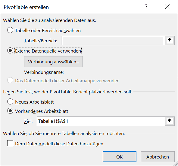 Pivot-Tabelle in Excel mit externer Datenquelle anlegen