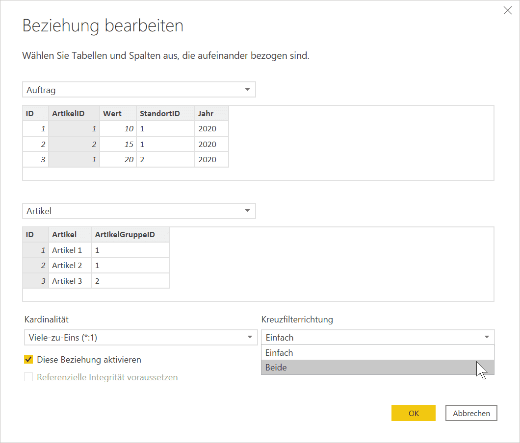 Kreuzfilter-Richtung konfigurieren