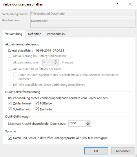 Eigenschaftsdialog der Datenmodell-Datenverbindung in Excel